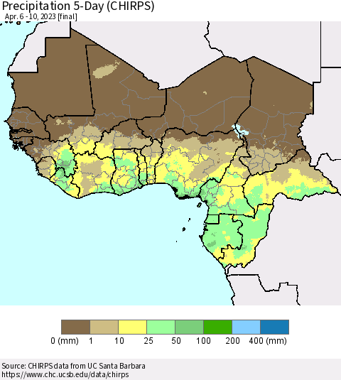 Western Africa Precipitation 5-Day (CHIRPS) Thematic Map For 4/6/2023 - 4/10/2023