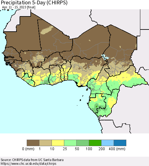 Western Africa Precipitation 5-Day (CHIRPS) Thematic Map For 4/11/2023 - 4/15/2023