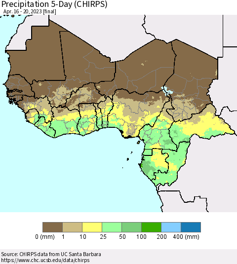 Western Africa Precipitation 5-Day (CHIRPS) Thematic Map For 4/16/2023 - 4/20/2023