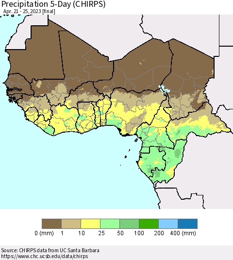 Western Africa Precipitation 5-Day (CHIRPS) Thematic Map For 4/21/2023 - 4/25/2023