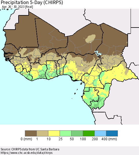 Western Africa Precipitation 5-Day (CHIRPS) Thematic Map For 4/26/2023 - 4/30/2023