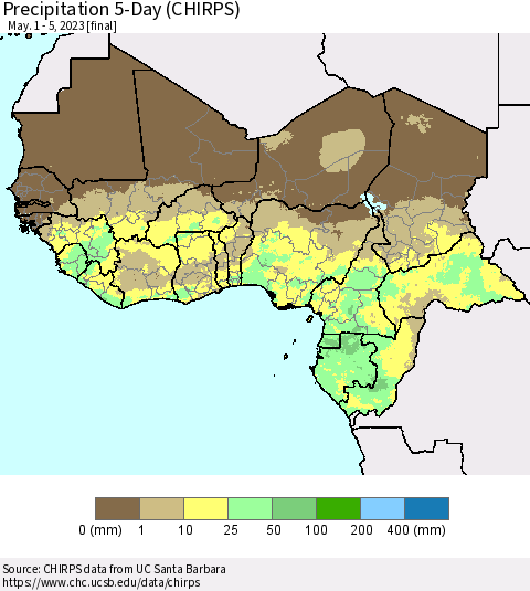Western Africa Precipitation 5-Day (CHIRPS) Thematic Map For 5/1/2023 - 5/5/2023