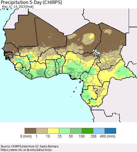 Western Africa Precipitation 5-Day (CHIRPS) Thematic Map For 5/11/2023 - 5/15/2023