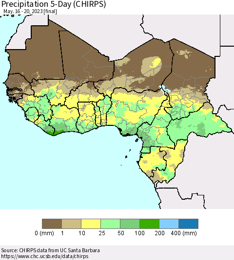 Western Africa Precipitation 5-Day (CHIRPS) Thematic Map For 5/16/2023 - 5/20/2023