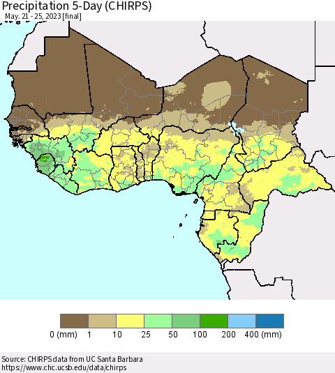 Western Africa Precipitation 5-Day (CHIRPS) Thematic Map For 5/21/2023 - 5/25/2023