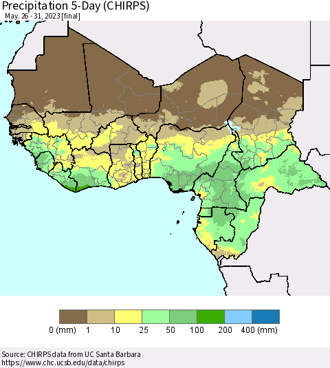 Western Africa Precipitation 5-Day (CHIRPS) Thematic Map For 5/26/2023 - 5/31/2023