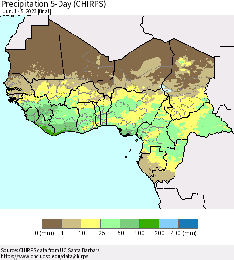 Western Africa Precipitation 5-Day (CHIRPS) Thematic Map For 6/1/2023 - 6/5/2023