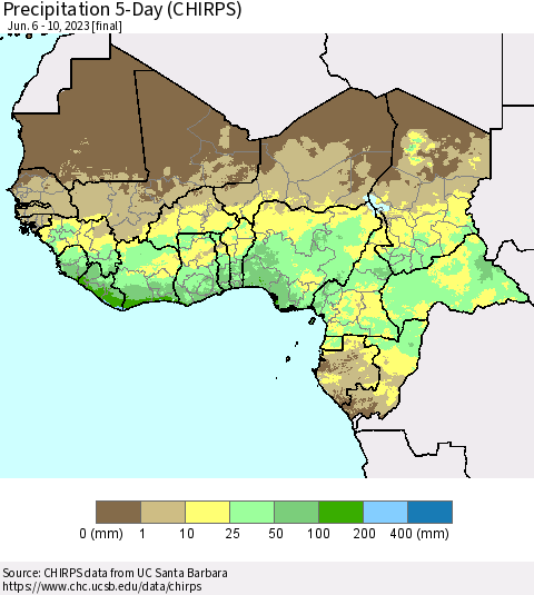 Western Africa Precipitation 5-Day (CHIRPS) Thematic Map For 6/6/2023 - 6/10/2023