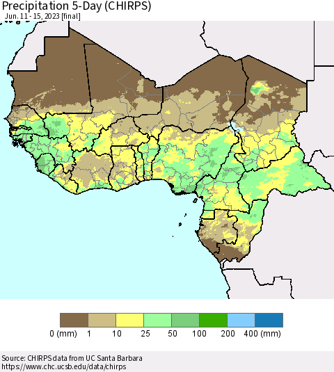 Western Africa Precipitation 5-Day (CHIRPS) Thematic Map For 6/11/2023 - 6/15/2023