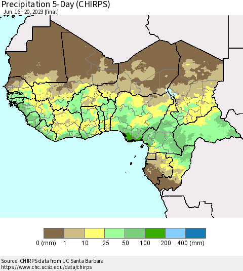 Western Africa Precipitation 5-Day (CHIRPS) Thematic Map For 6/16/2023 - 6/20/2023