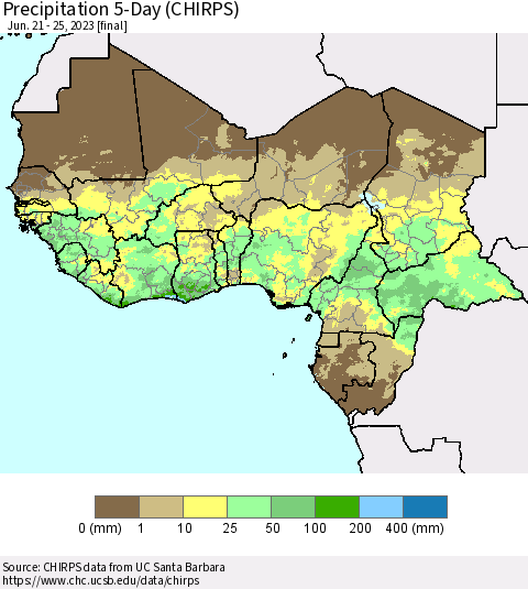 Western Africa Precipitation 5-Day (CHIRPS) Thematic Map For 6/21/2023 - 6/25/2023
