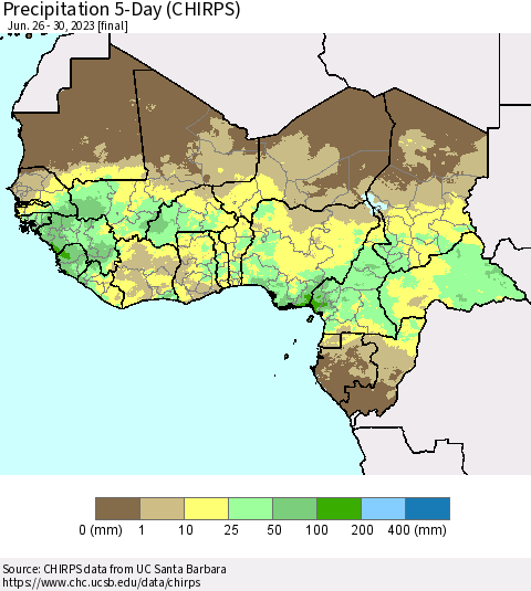 Western Africa Precipitation 5-Day (CHIRPS) Thematic Map For 6/26/2023 - 6/30/2023
