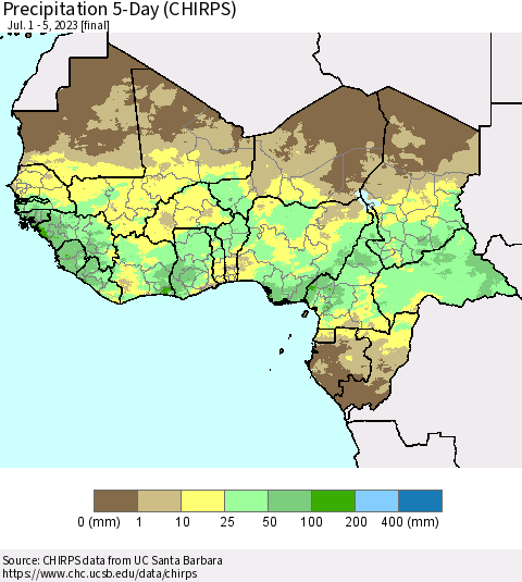 Western Africa Precipitation 5-Day (CHIRPS) Thematic Map For 7/1/2023 - 7/5/2023