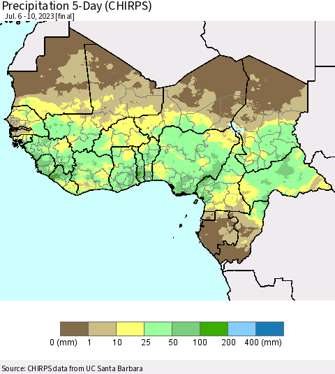 Western Africa Precipitation 5-Day (CHIRPS) Thematic Map For 7/6/2023 - 7/10/2023