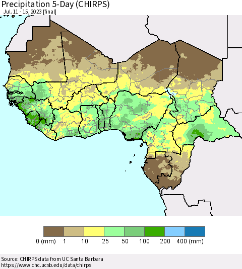 Western Africa Precipitation 5-Day (CHIRPS) Thematic Map For 7/11/2023 - 7/15/2023