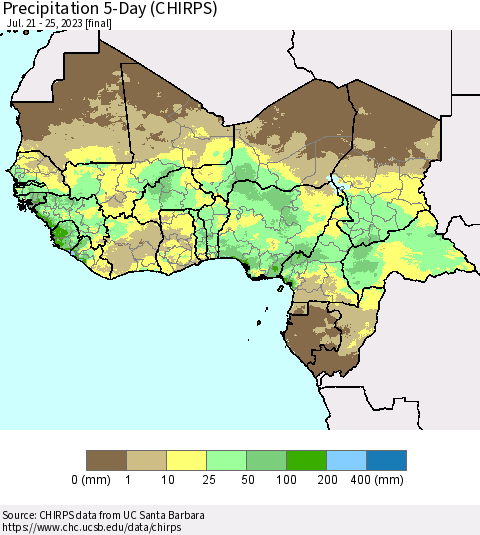 Western Africa Precipitation 5-Day (CHIRPS) Thematic Map For 7/21/2023 - 7/25/2023