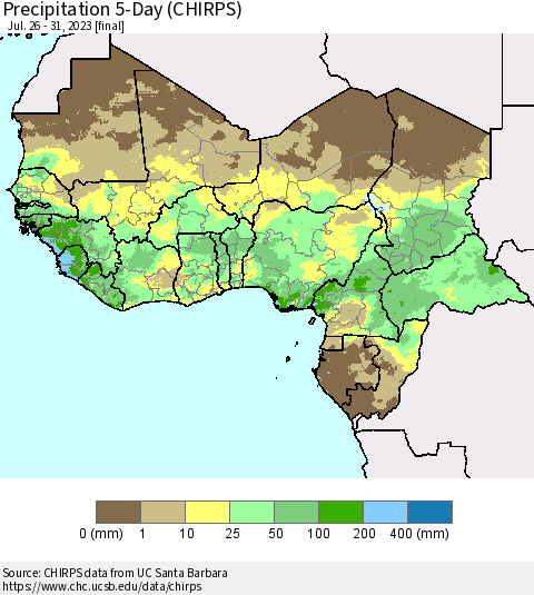 Western Africa Precipitation 5-Day (CHIRPS) Thematic Map For 7/26/2023 - 7/31/2023