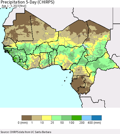 Western Africa Precipitation 5-Day (CHIRPS) Thematic Map For 8/1/2023 - 8/5/2023