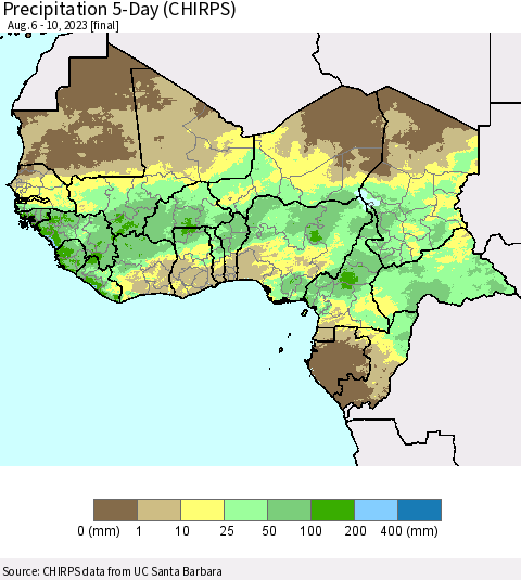 Western Africa Precipitation 5-Day (CHIRPS) Thematic Map For 8/6/2023 - 8/10/2023