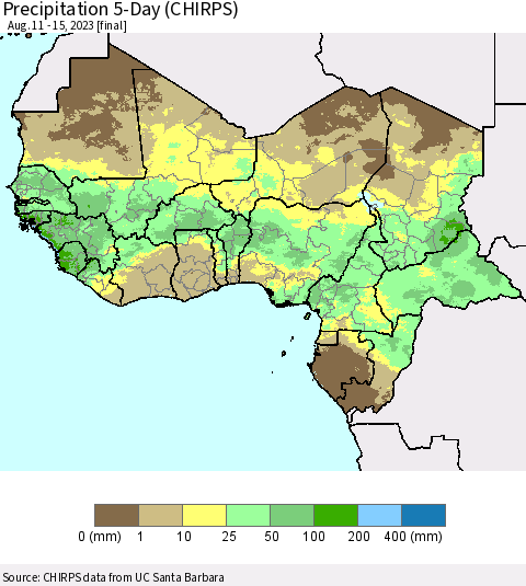 Western Africa Precipitation 5-Day (CHIRPS) Thematic Map For 8/11/2023 - 8/15/2023