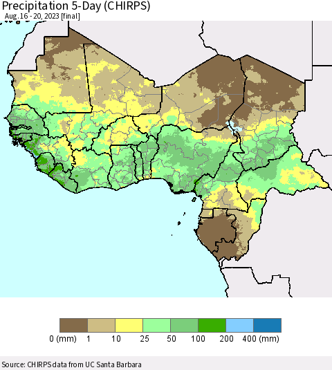 Western Africa Precipitation 5-Day (CHIRPS) Thematic Map For 8/16/2023 - 8/20/2023