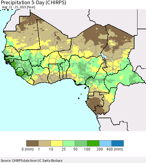 Western Africa Precipitation 5-Day (CHIRPS) Thematic Map For 8/21/2023 - 8/25/2023