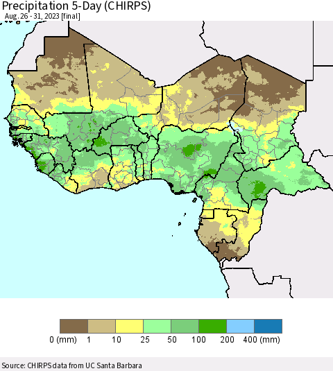Western Africa Precipitation 5-Day (CHIRPS) Thematic Map For 8/26/2023 - 8/31/2023