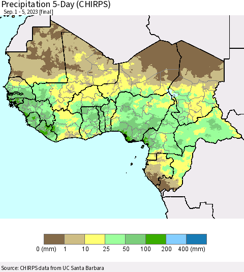 Western Africa Precipitation 5-Day (CHIRPS) Thematic Map For 9/1/2023 - 9/5/2023