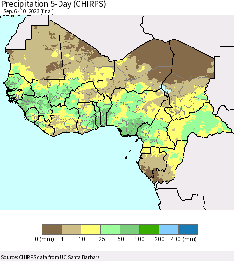 Western Africa Precipitation 5-Day (CHIRPS) Thematic Map For 9/6/2023 - 9/10/2023