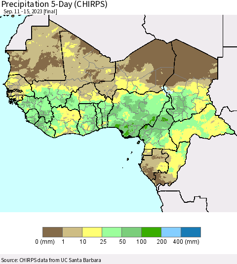 Western Africa Precipitation 5-Day (CHIRPS) Thematic Map For 9/11/2023 - 9/15/2023