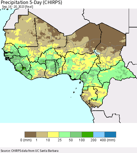 Western Africa Precipitation 5-Day (CHIRPS) Thematic Map For 9/16/2023 - 9/20/2023