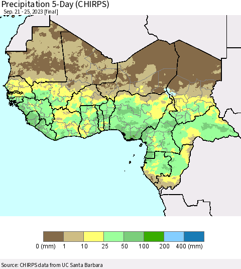 Western Africa Precipitation 5-Day (CHIRPS) Thematic Map For 9/21/2023 - 9/25/2023