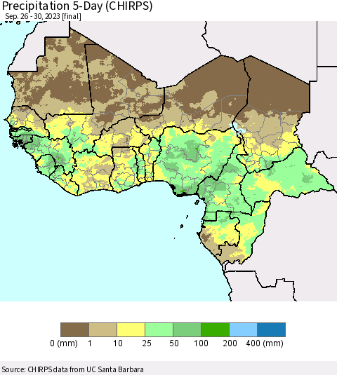 Western Africa Precipitation 5-Day (CHIRPS) Thematic Map For 9/26/2023 - 9/30/2023
