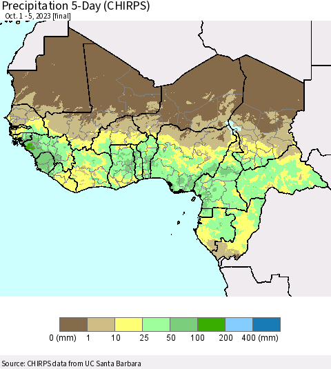 Western Africa Precipitation 5-Day (CHIRPS) Thematic Map For 10/1/2023 - 10/5/2023