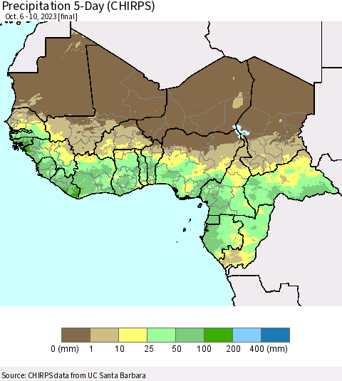 Western Africa Precipitation 5-Day (CHIRPS) Thematic Map For 10/6/2023 - 10/10/2023