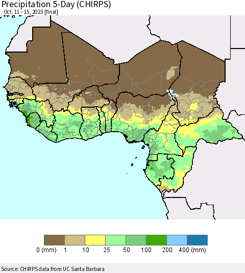 Western Africa Precipitation 5-Day (CHIRPS) Thematic Map For 10/11/2023 - 10/15/2023