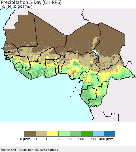 Western Africa Precipitation 5-Day (CHIRPS) Thematic Map For 10/16/2023 - 10/20/2023