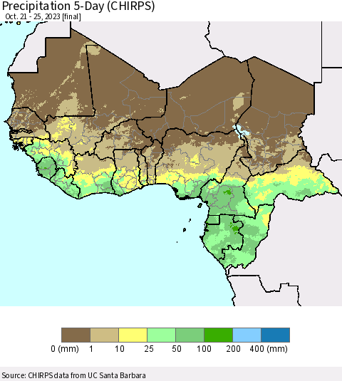 Western Africa Precipitation 5-Day (CHIRPS) Thematic Map For 10/21/2023 - 10/25/2023