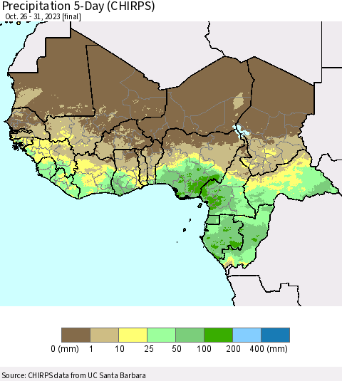Western Africa Precipitation 5-Day (CHIRPS) Thematic Map For 10/26/2023 - 10/31/2023