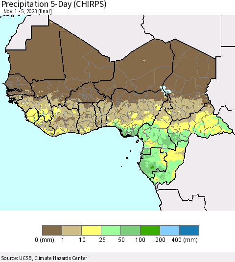 Western Africa Precipitation 5-Day (CHIRPS) Thematic Map For 11/1/2023 - 11/5/2023