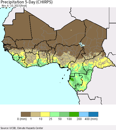 Western Africa Precipitation 5-Day (CHIRPS) Thematic Map For 11/6/2023 - 11/10/2023