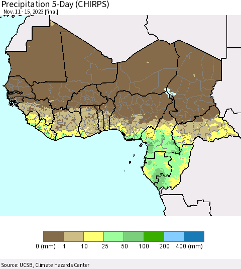 Western Africa Precipitation 5-Day (CHIRPS) Thematic Map For 11/11/2023 - 11/15/2023
