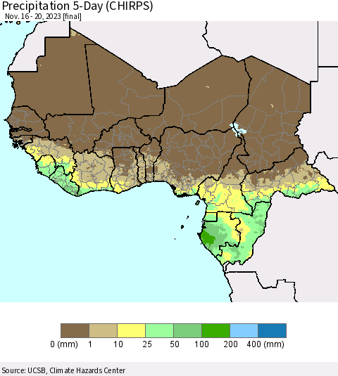 Western Africa Precipitation 5-Day (CHIRPS) Thematic Map For 11/16/2023 - 11/20/2023
