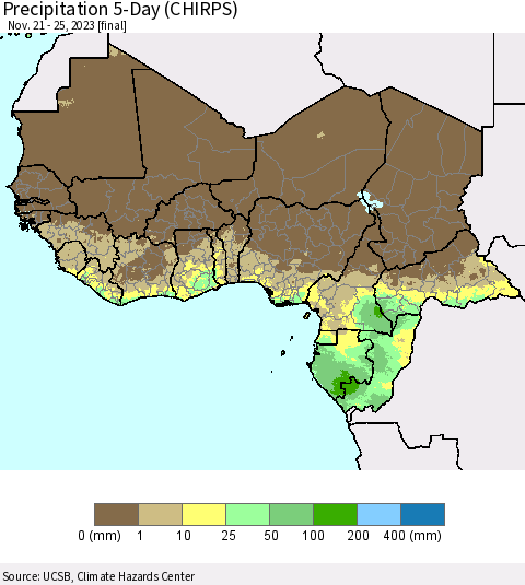 Western Africa Precipitation 5-Day (CHIRPS) Thematic Map For 11/21/2023 - 11/25/2023