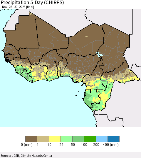 Western Africa Precipitation 5-Day (CHIRPS) Thematic Map For 11/26/2023 - 11/30/2023