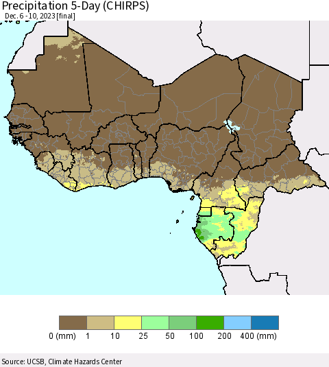 Western Africa Precipitation 5-Day (CHIRPS) Thematic Map For 12/6/2023 - 12/10/2023
