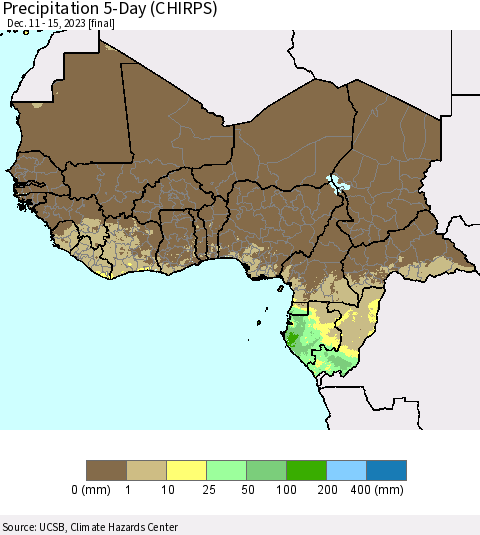 Western Africa Precipitation 5-Day (CHIRPS) Thematic Map For 12/11/2023 - 12/15/2023