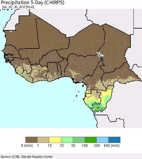 Western Africa Precipitation 5-Day (CHIRPS) Thematic Map For 12/16/2023 - 12/20/2023