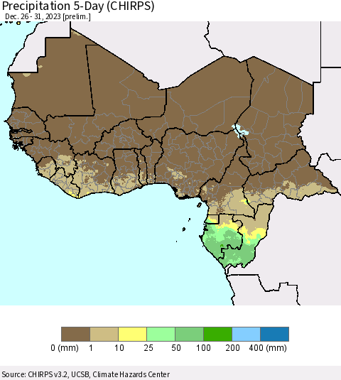 Western Africa Precipitation 5-Day (CHIRPS) Thematic Map For 12/26/2023 - 12/31/2023