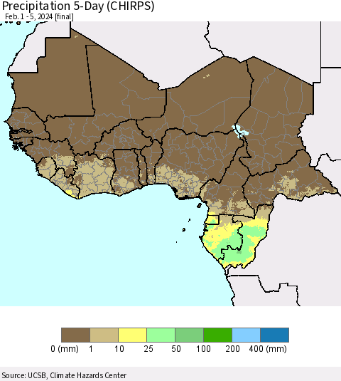 Western Africa Precipitation 5-Day (CHIRPS) Thematic Map For 2/1/2024 - 2/5/2024